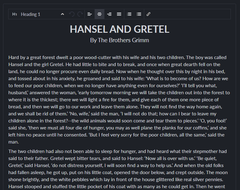 GneissEditor with its formatting toolbar, editing the story Hansel and Gretel