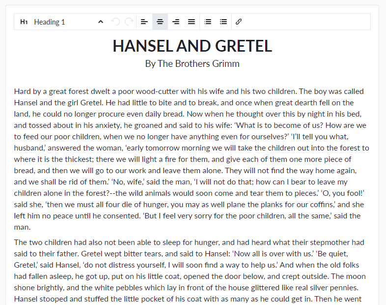 GneissEditor with its formatting toolbar, editing the story Hansel and Gretel